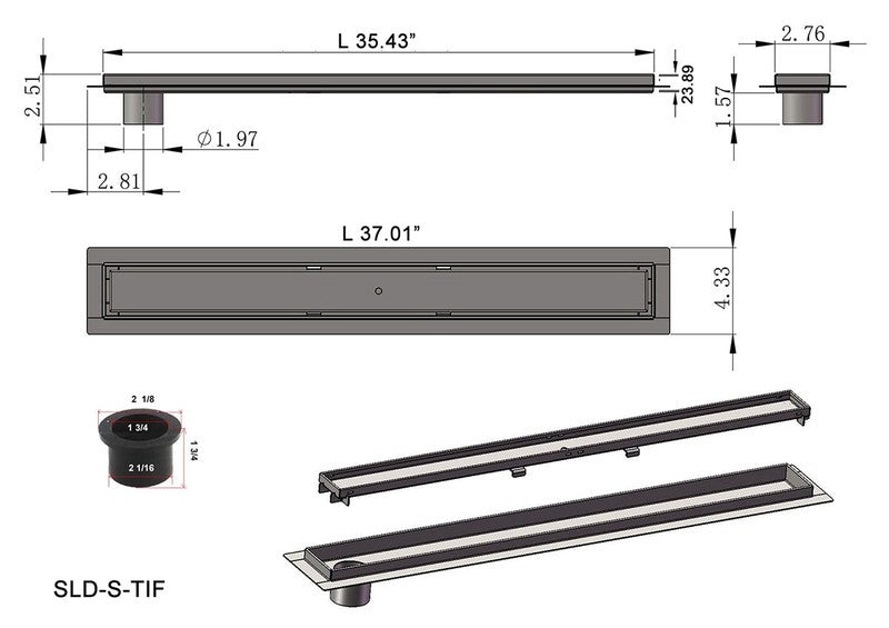 SereneDrains Linear Shower Drain Offset Outlet Tile Insert - Brushed 35