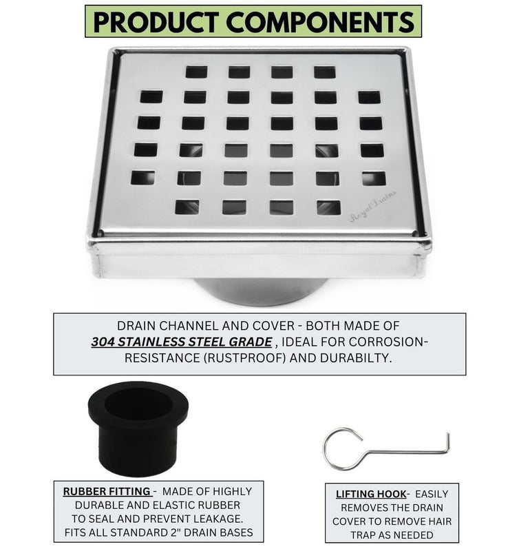SereneDrains Square Shower Drain Traditional Square 4 Polished