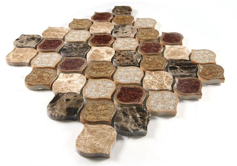 Mosaic Crackle Glass n Marble Tile Arabesque Shape - Cappuccino