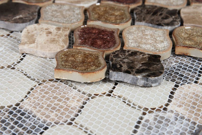 Mosaic Crackle Glass n Marble Tile Arabesque Shape - Cappuccino