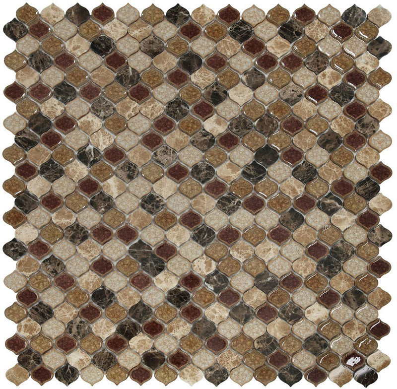 Mosaic Crackle Glass n Marble Tile Arabesque Shape - Cappuccino