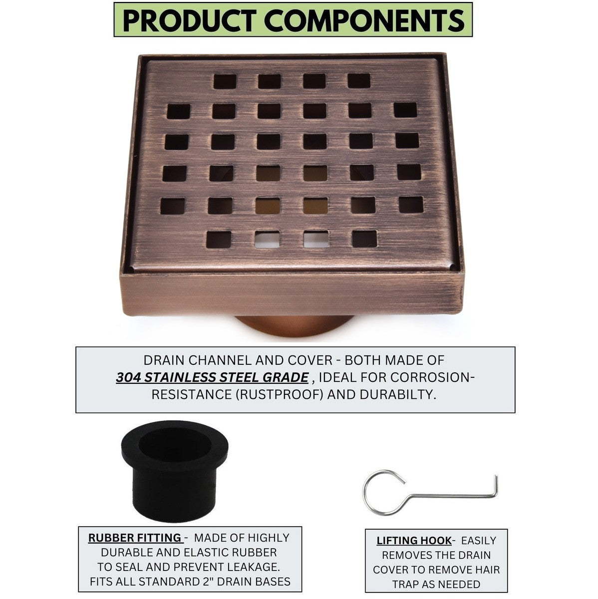 SereneDrains Square Shower Drain Traditional Square 4 ORB