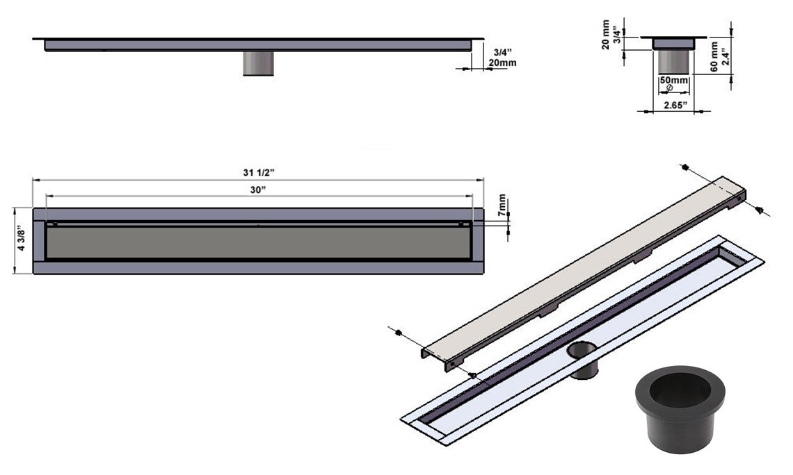 SereneDrains Linear Shower Drain Invisible Slim Design 30