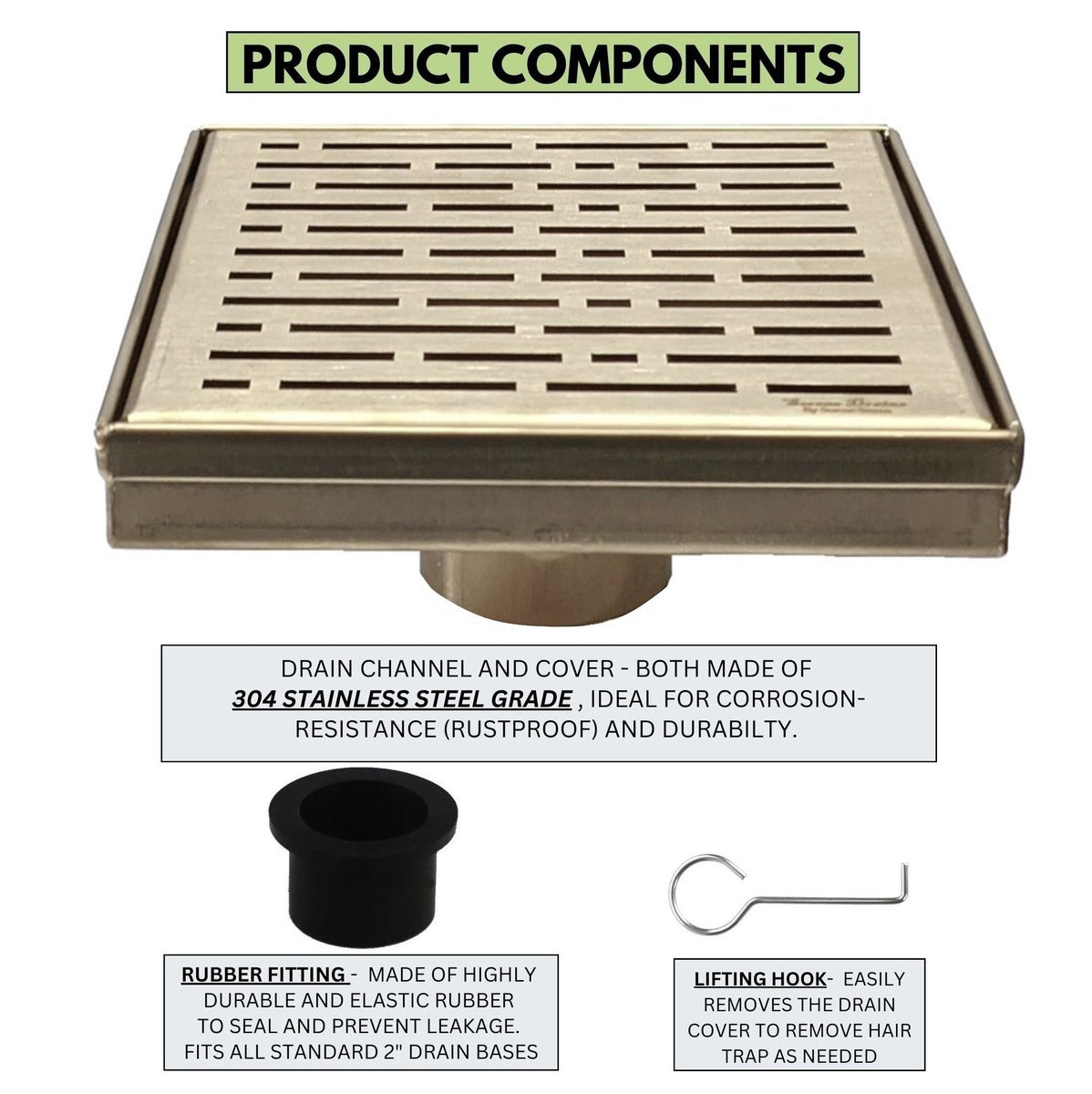 SereneDrains Square Shower Drain Broken Lane Satin Gold 6