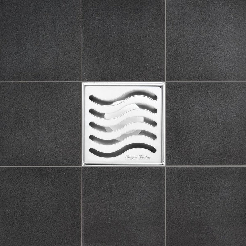 SereneDrains Square Shower Drain Ocean Wave 4 Polished