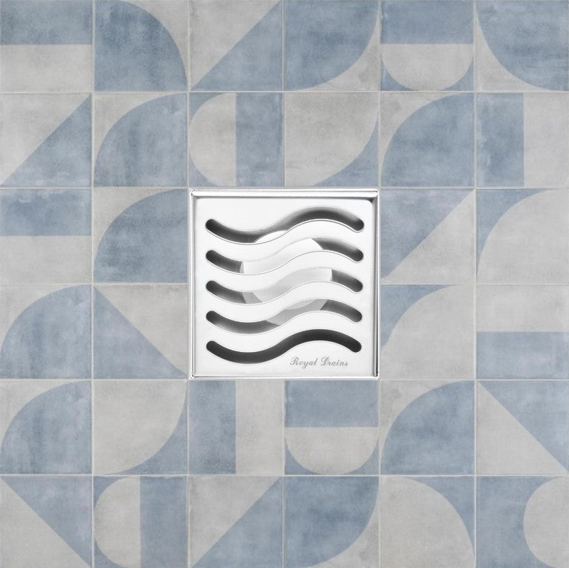 SereneDrains Square Shower Drain Ocean Wave 4 Polished