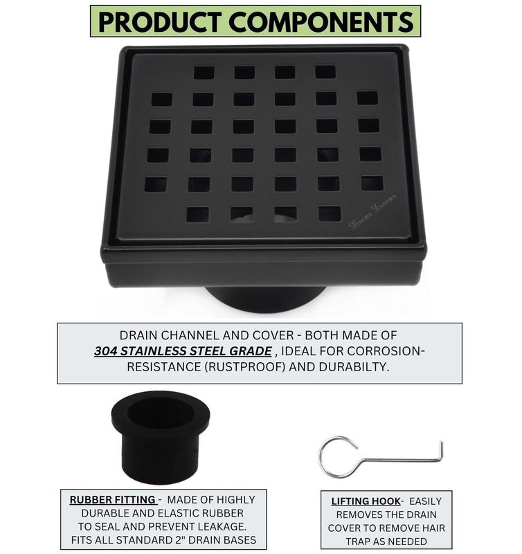 SereneDrains Square Shower Drain Traditional Square 4 Black