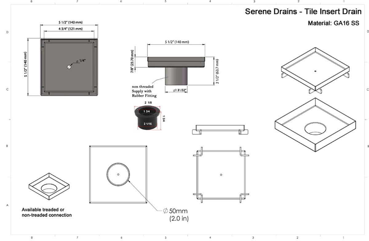 SereneDrains Wow Drain TM Side Discharge Outlet with 5 Inch Tile Insert Square Shower Drain Horizontal Low Profile