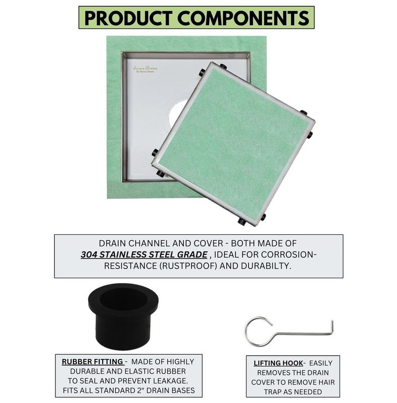 SereneDrains Square Shower Drain Invisible Hidden 6 inch