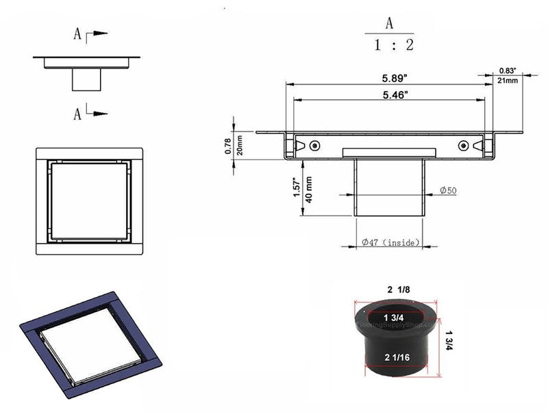 SereneDrains Square Shower Drain Invisible Hidden 6 inch