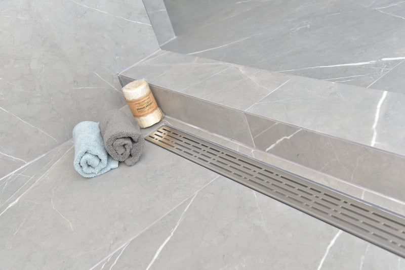 SereneDrains Linear Shower Drain Offset Outlet Broken Lane - Brushed 16