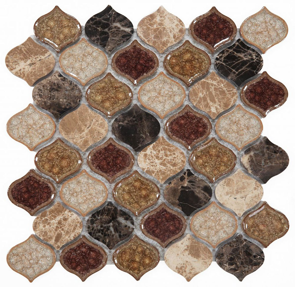Mosaic Crackle Glass n Marble Tile Arabesque Shape - Cappuccino