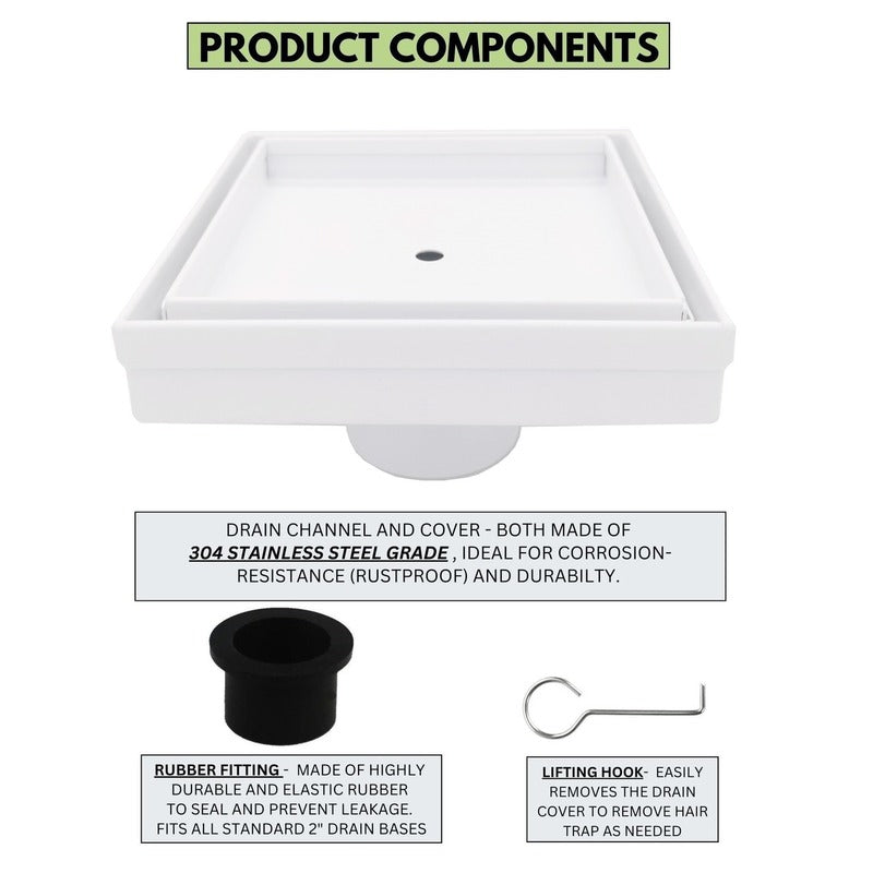 SereneDrains Square Shower Drain Tile Insert Matte White 5 Inch
