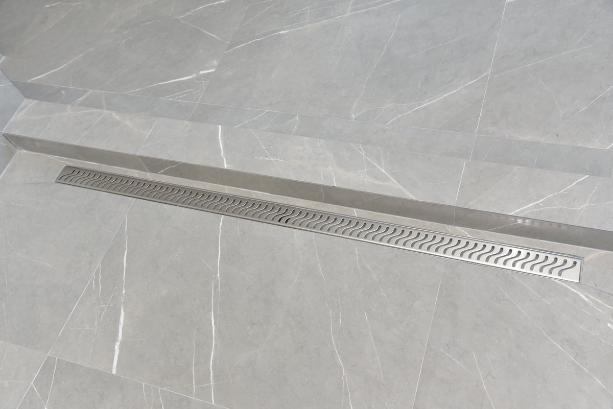 SereneDrains Linear Shower Drain Offset Outlet Ocean Wave - Brushed 59