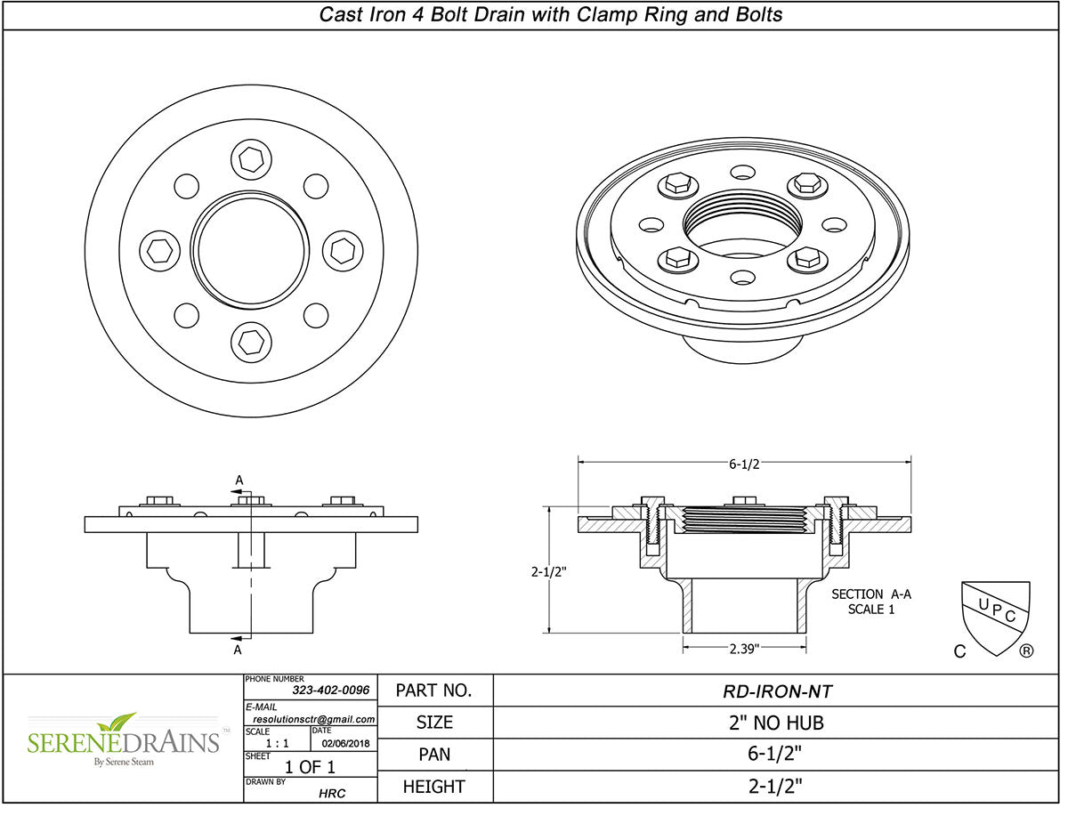 SereneDrains Cast Iron 2 Inch Shower Drain Base for Linear Square Shower Drains