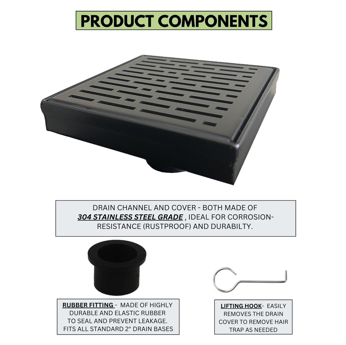 SereneDrains Square Shower Drain Broken Lane Matte Black 6