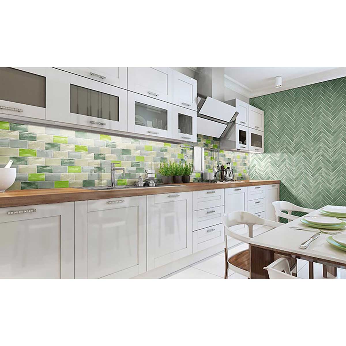 Cream ceramic backsplash tile creating a bright and inviting kitchen focal point