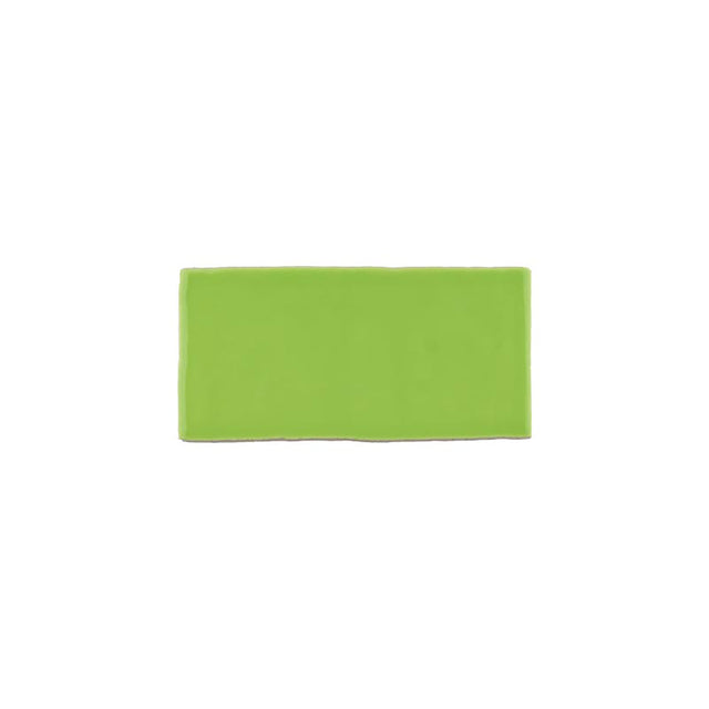 Glossy happy green ceramic subway tile with handcrafted Spanish artisan texture