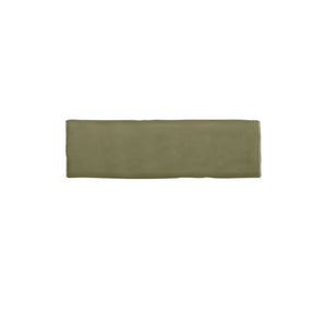 Glossy olive green ceramic wall tile with handcrafted Spanish artisan character