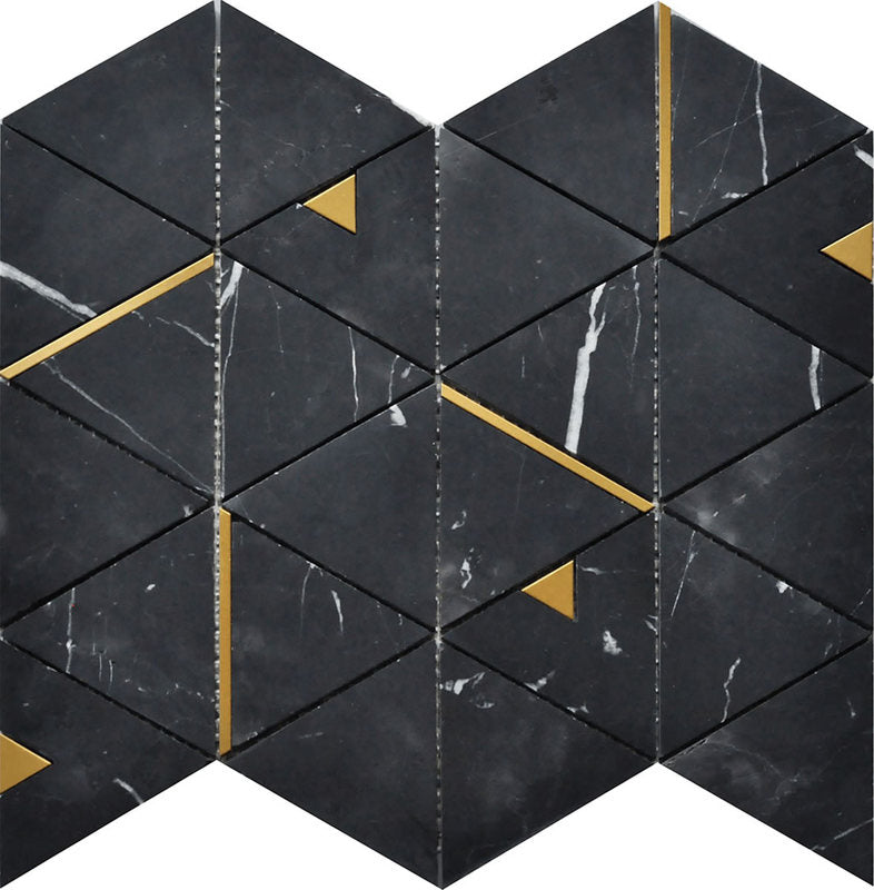 Mosaic Nero Marquina Marble with Triangle Metal - Black Gold