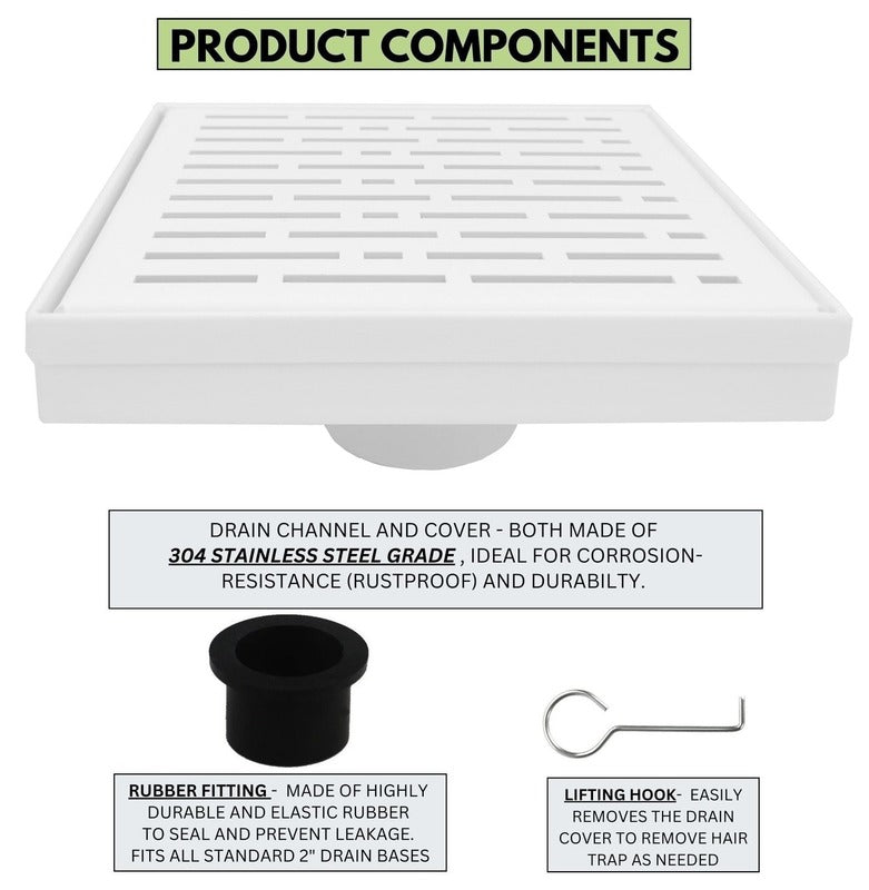 SereneDrains Square Shower Drain Broken Lane Matte White 6