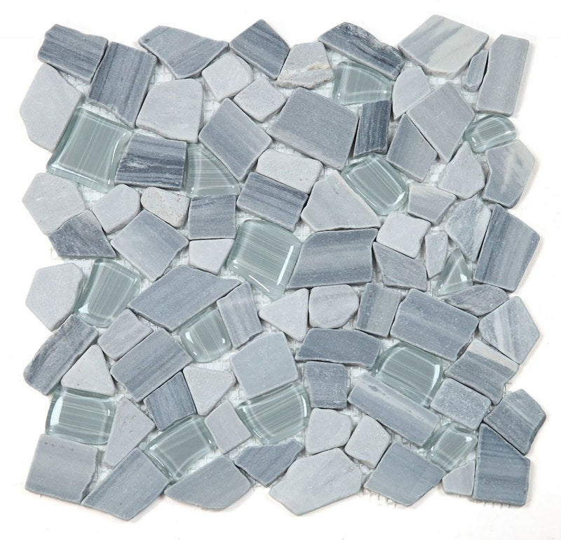 Marble and Glass Pebbles Mosaics Broken Shape - Blue White
