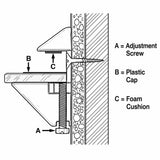 Adjustable shelf bracket installation diagram showing adjustment screw, plastic cap, and foam cushion