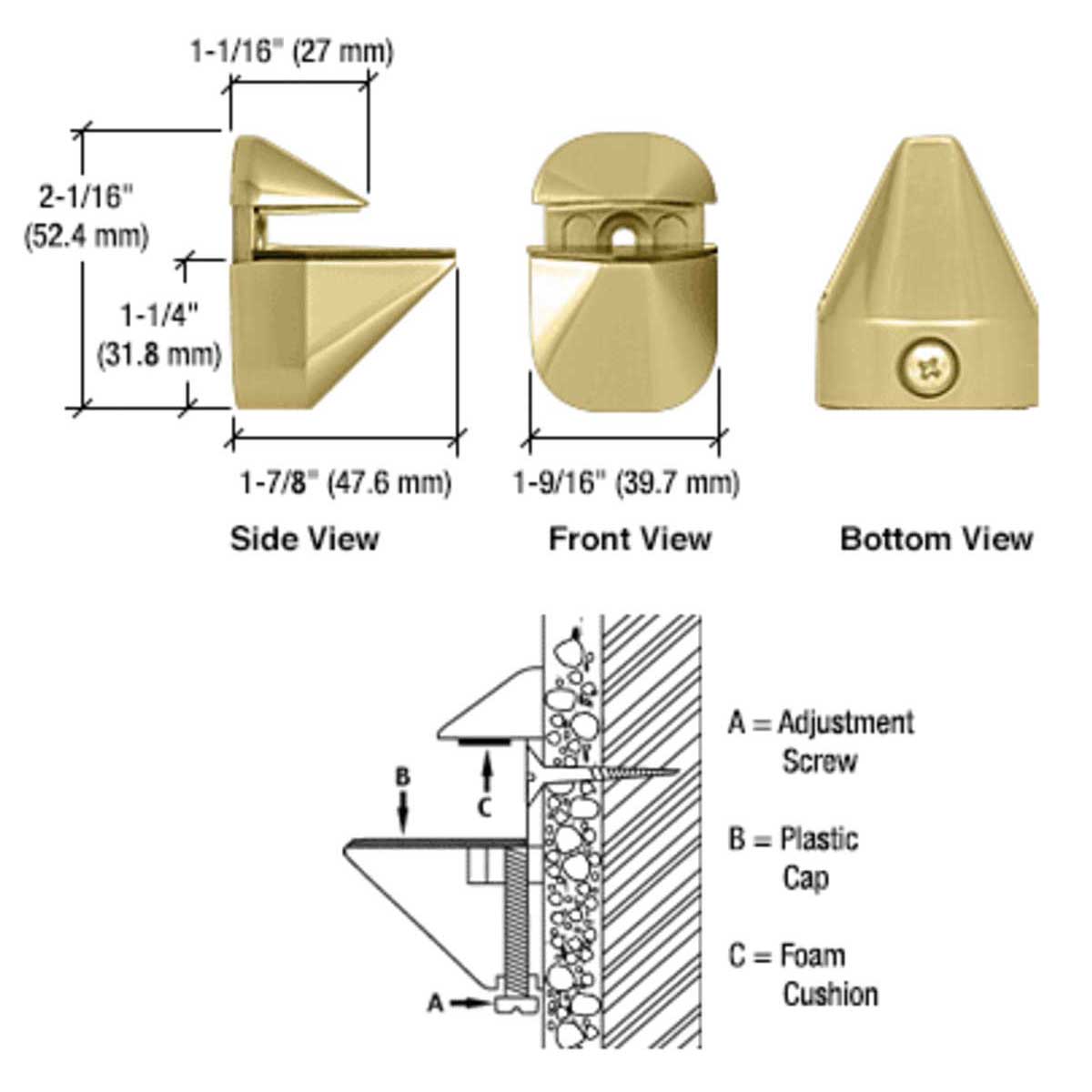 Pair of adjustable shelf brackets with mounting hardware in Polished Gold