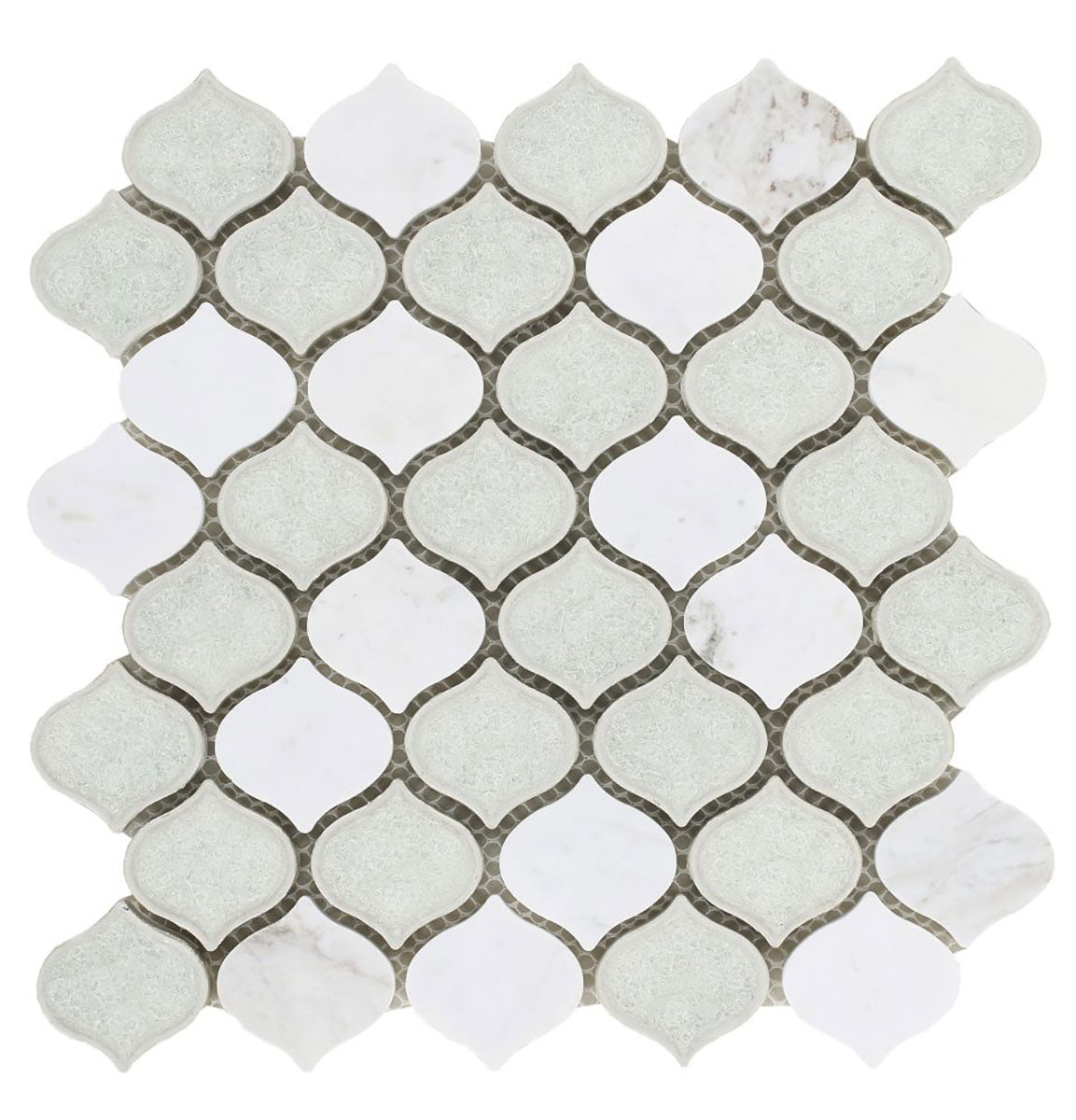Mosaic Crackle Glass and Marble Tile Arabesque Shape - Carrara
