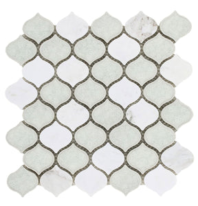 Mosaic Crackle Glass and Marble Tile Arabesque Shape - Carrara