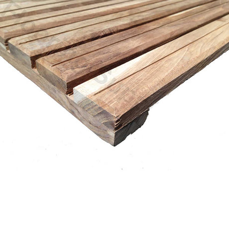 Premium African teak wood bathroom floor mat with stainless steel fasteners