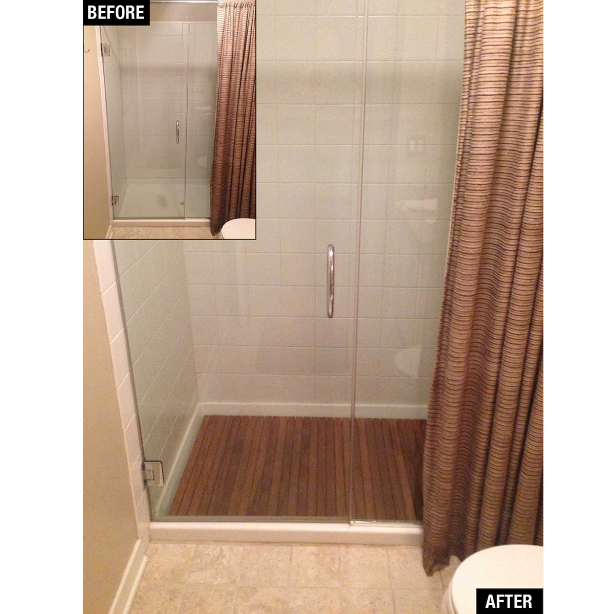Premium teak wood mat installed in walk-in shower