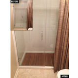 Premium teak wood mat installed in walk-in shower
