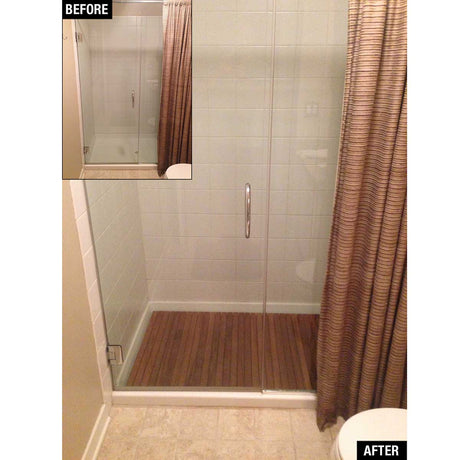 Premium teak wood mat installed in walk-in shower
