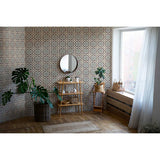 Room interior with patterned and Alhambra Series Layla 8x8 Deco Porcelain Tile, wooden shelves, and plants.
