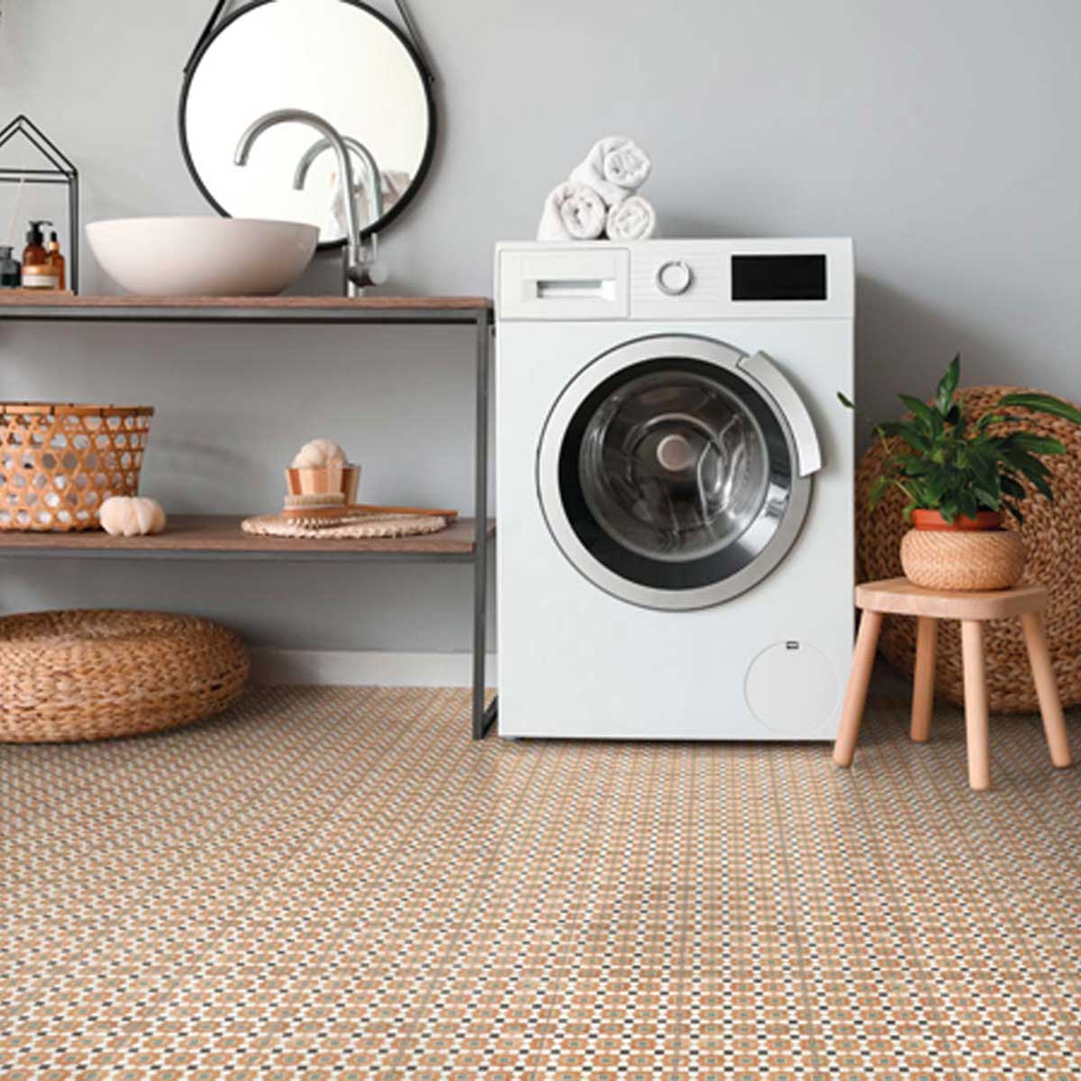 White washing machine in a laundry room with a shelf and Alhambra Series Tessina 8x8 Deco Porcelain Tile
