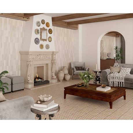 Living room with fireplace, gray sofa, wooden coffee table with Crema 2.5x8 Matte Ceramic Wall Tile