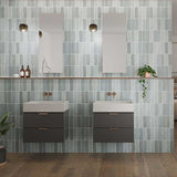Bathroom with Lago 2.5x8 Matte Ceramic Wall Tile and vanity, leading to a bedroom with a bed and window.