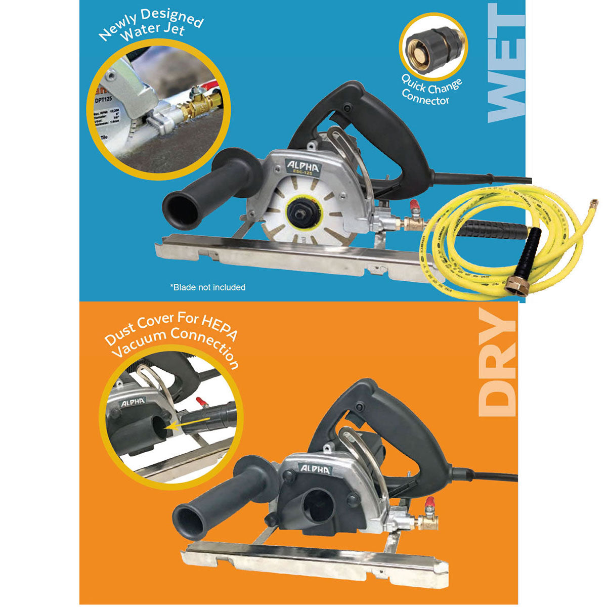 Alpha Tools ESC-125 handheld stone cutter with precision guide for countertop fabrication