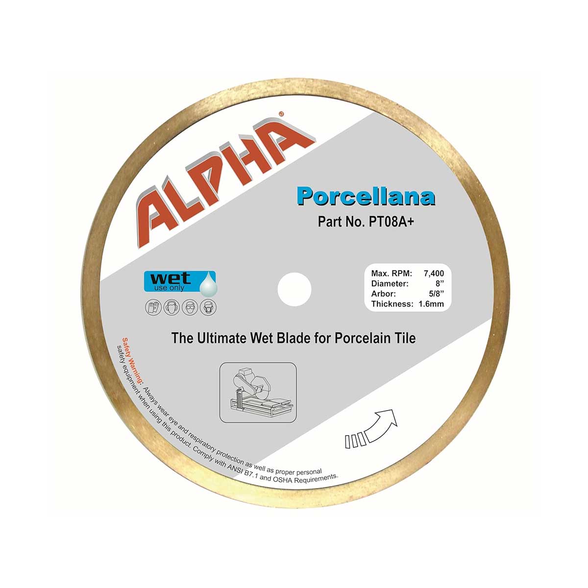 Alpha Tools Porcellana 8" Diamond Blade for Porcelain Tile - Wet or Dry Cutting