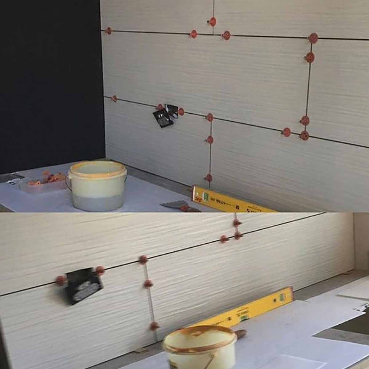 Porcelain white Wall tile with ATR Tile Leveling System T Shape Profile Spacers in a brick Pattern 