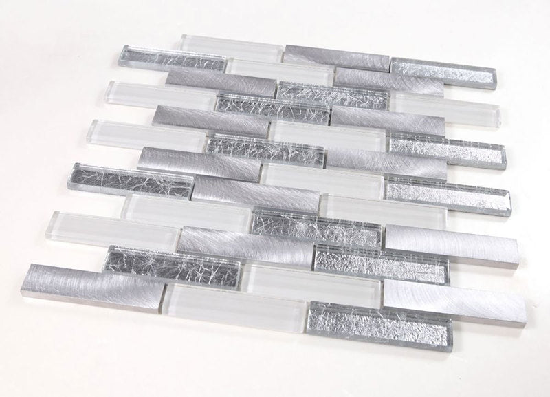 Mosaic Linear Metallic Silver with Glass - Silver and White