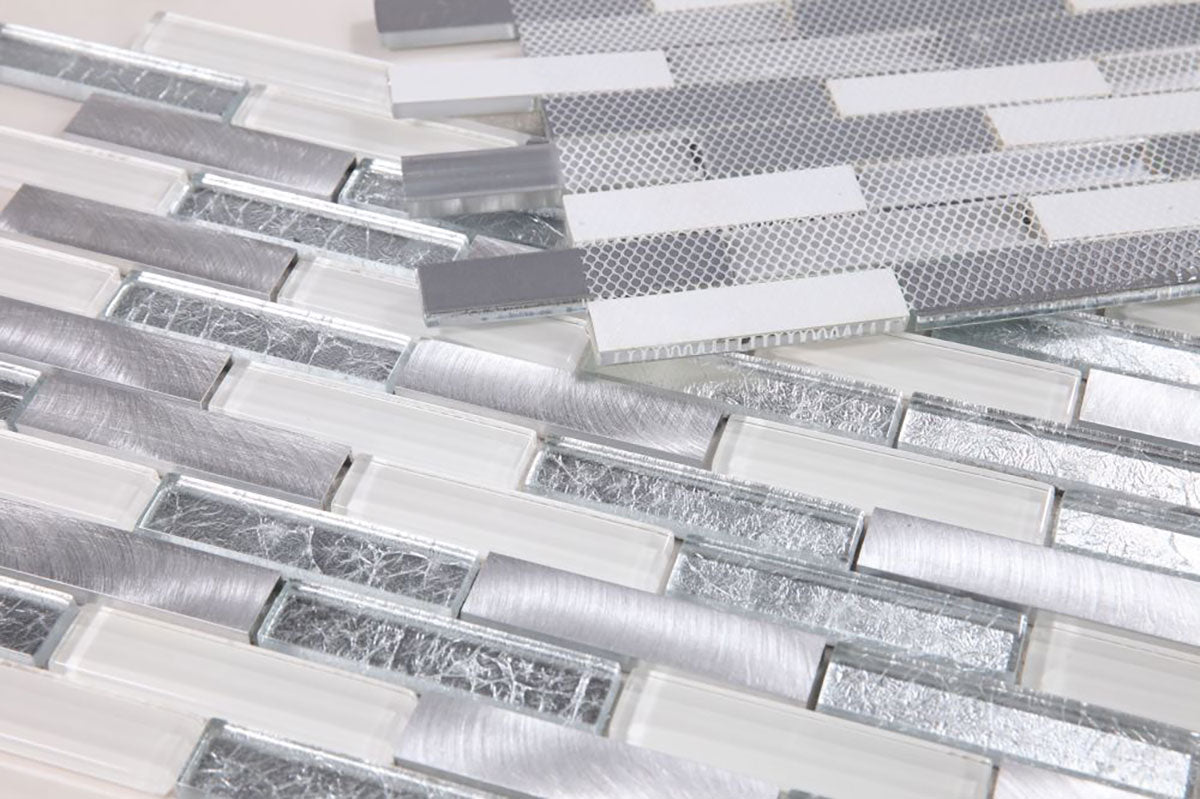 Mosaic Linear Metallic Silver with Glass - Silver and White