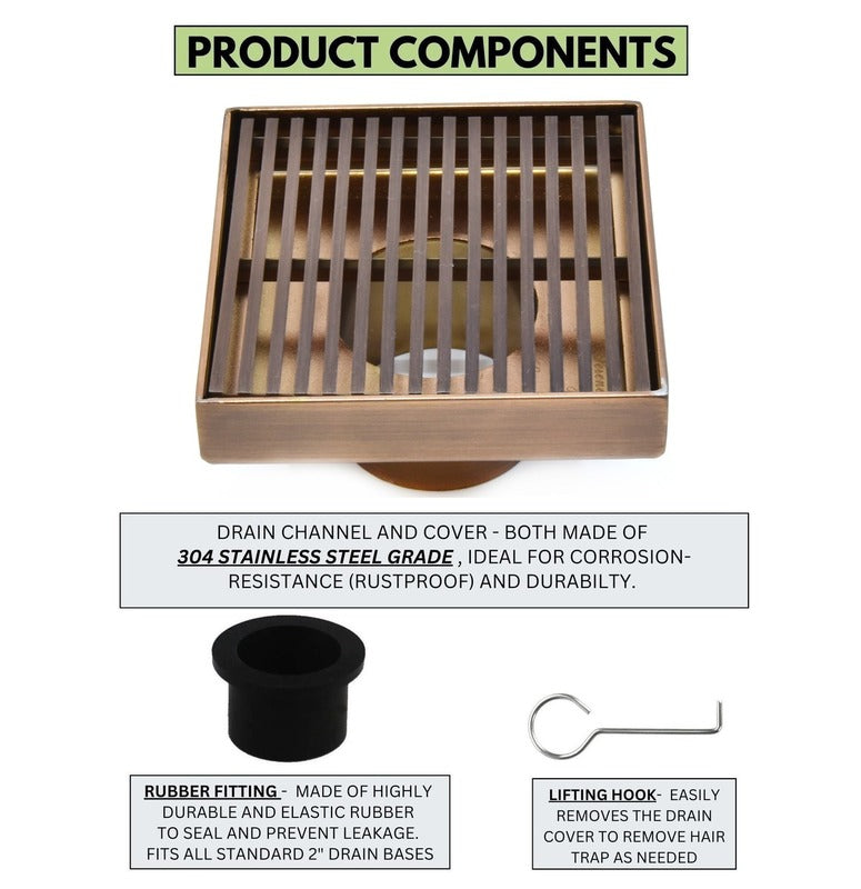 SereneDrains Square Shower Drain Linear Wedge 4 Bronze