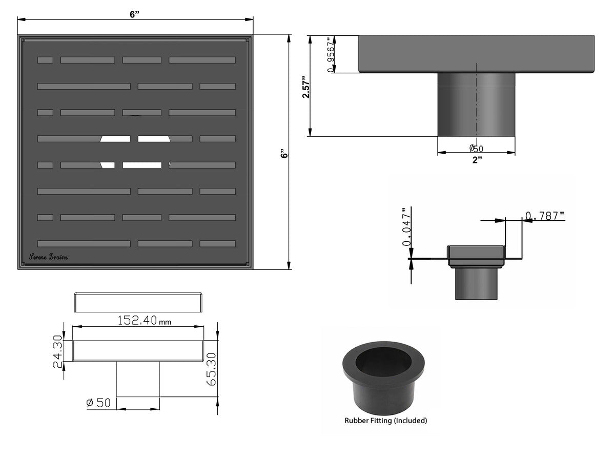SereneDrains Square Shower Drain Broken Lane Oil-Rubbed Bronze 6