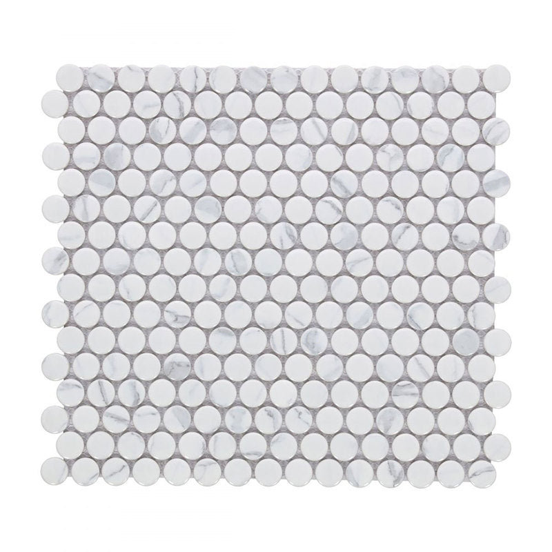Mosaic Handmade Porcelain Penny Round - Marble Grey Glossy