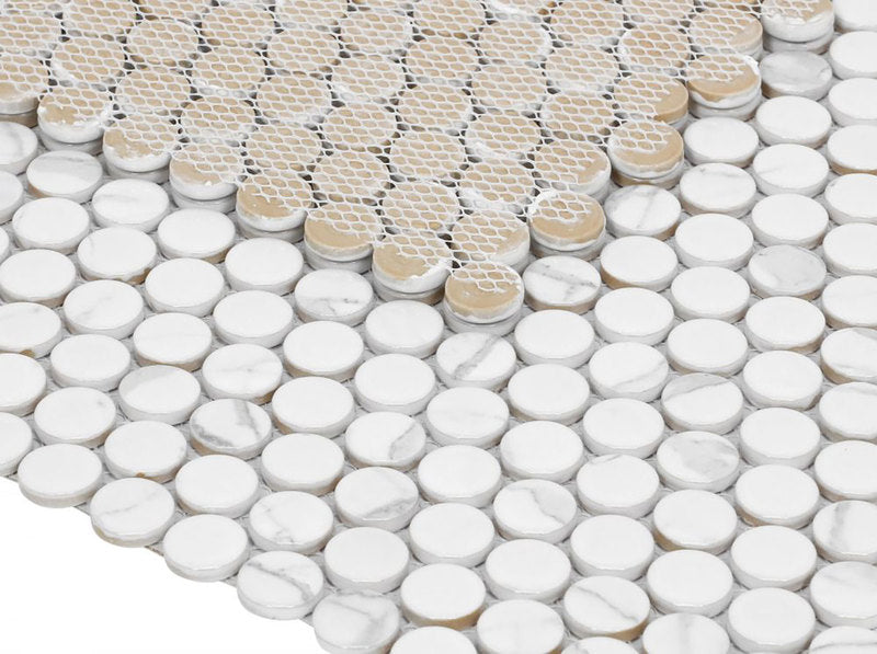 Mosaic Handmade Porcelain Penny Round - Marble Grey Glossy