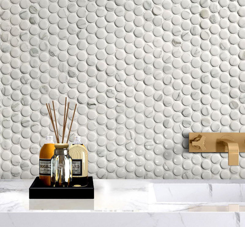 Mosaic Handmade Porcelain Penny Round - Marble Grey Glossy
