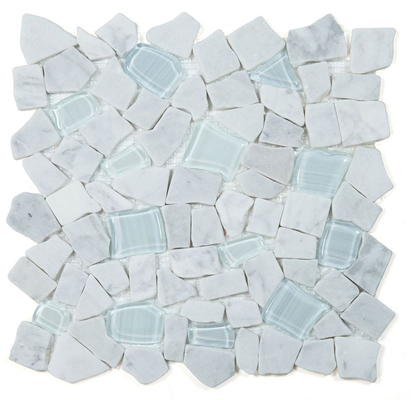 Marble and Glass Pebbles Mosaics Broken Shape - Carrara White