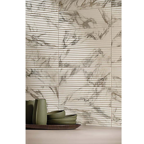 4x16 Fluted Porcelain Tile Wall - Marble Look Backsplash Tile